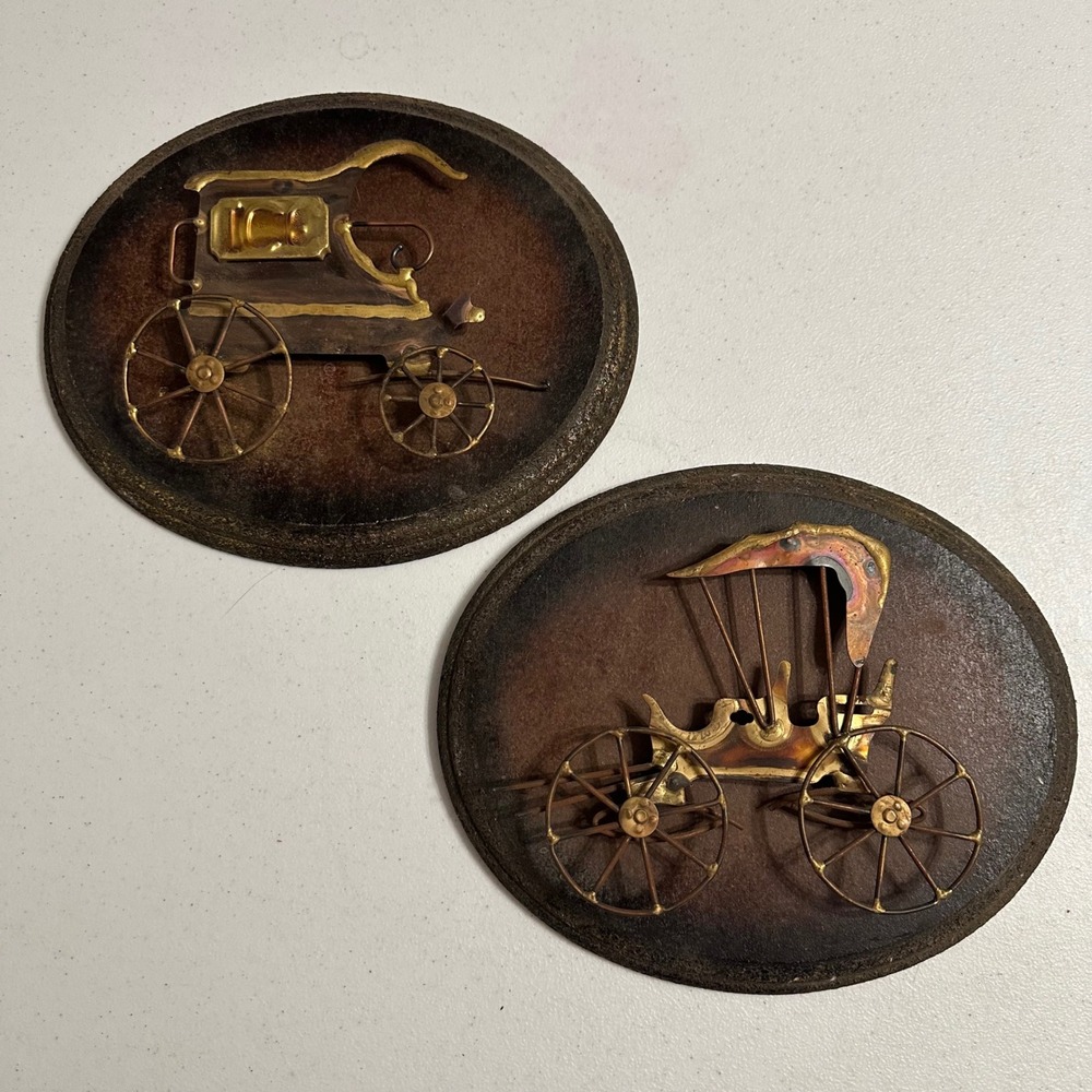 Vintage‎ 3D Mixed Metal Stagecoach Ice Wagon Wall Plaque Set Copper Brass 11"
